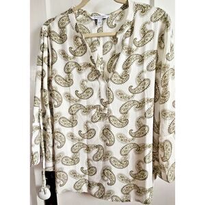 41 Hawthorn Women Top white green Paisley sheer Blouse 3/4‎ Sleeve Sz Large